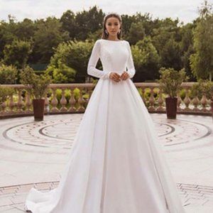 Elegant Satin Wedding Dress Long Sleeves Lace  Sizes 4-24W